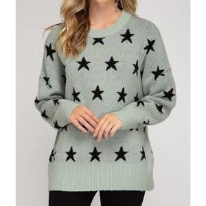 NEW SHE + SKY star print slate tunic sweater in green